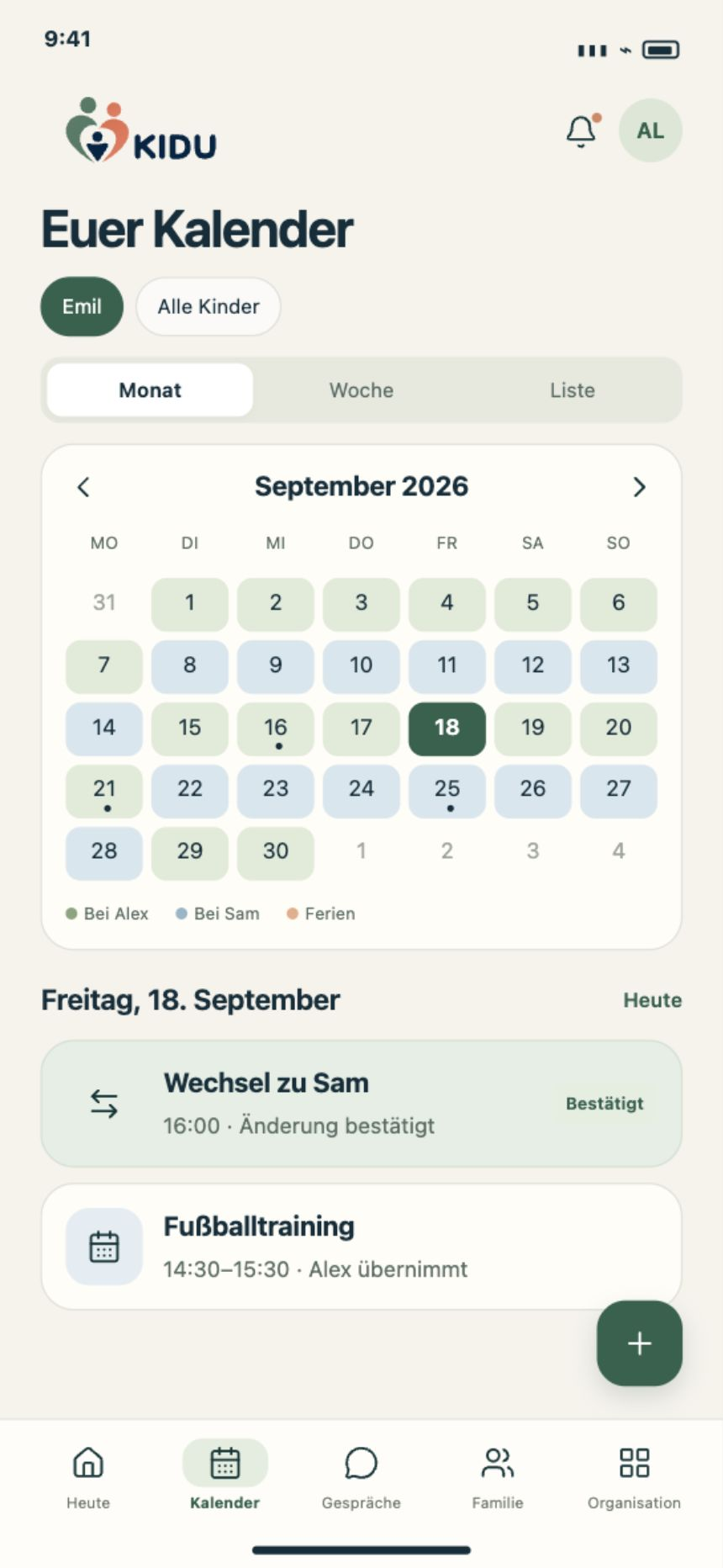 KIDU App-Ansicht mit fiktiven Beispieldaten